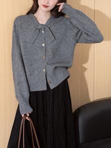 Alicedudu Women's Elegant Knot Front Design Cardigan Sweater, Classy Lady Style, Autumn/Winter