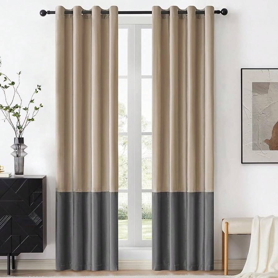 Black Gold Color Block Window Curtains Panels 84 Inches Long Farmhouse Drapes Bedroom Living Room Darkening Treatment With Grommet Set Home Decor - 香檳色和灰色 - 查看 1