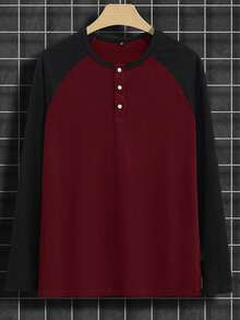 Men's Casual Colorblock Long Sleeve T-Shirt, Autumn, Fall - Burgundy - View 3