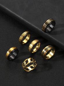 6 件时尚不锈钢黑金男士戒指套装，包含编织、罗马字母、蛇皮、不对称图案戒指，适合男士日常佩戴、节日、约会、订婚、婚礼、礼物 - 金色 - 查看 8