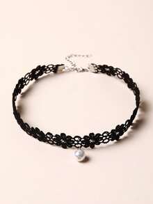 1pc Women's Fashion Floral Fabric Hollow Pearl Pendant Choker Necklace - Black Lace Flower Pearls - View 3