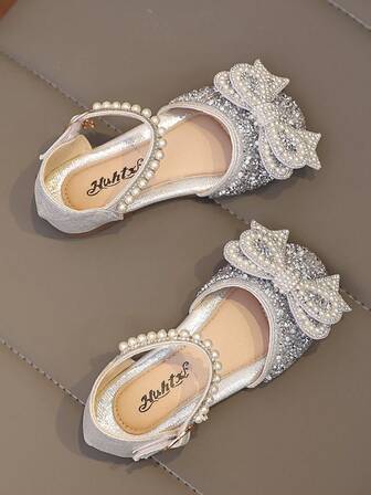 1 par moderiktiga mångsidiga rosa flickskor med pärlor och strass, söta platta sandaler, rund tå, lämpliga för vardagsbruk, dans, utomhus på vår och höst, glitterdekorerade prinsessskor med stängd tå, små i storleken och halva storleken