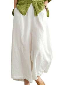 Plus Size High Waisted Wide Leg Pants Solid Elastic Waist Loose Fit Flowy Trousers With Pockets - 白色 - 查看 6