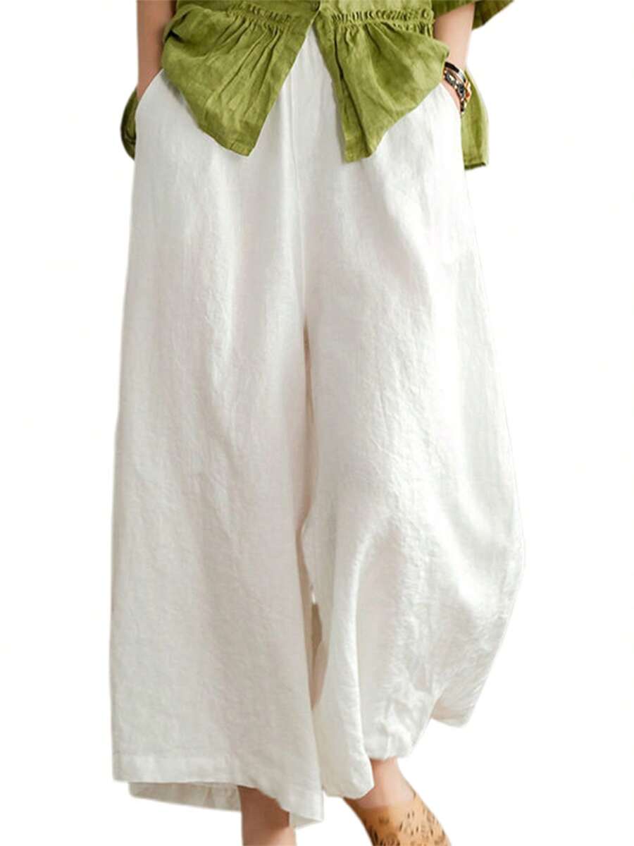 Pantalones anchos de talla grande para mujer: cintura alta, elásticos, bolsillos, holgados y hasta el tobillo. - Blanco - Ver 1
