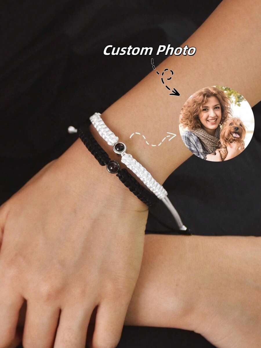 1pc Customized Black & White Braided Couple Bracelet | 4-Color Bead Customized Photo Projection Bracelet | Personalized Photo Couple Bracelet | Valentine's Day Photo Customized Memorial Gift | Gift For Girlfriend | Personalized Jewelry | Anniversary Gift | Wedding Anniversary Gift | Custom Color Photo Bracelet - vòng đeo tay chiếu - Xem 1
