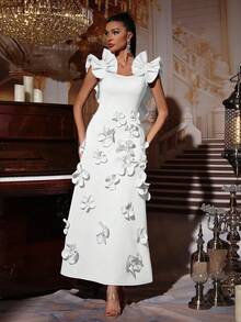 Modphy 新款时尚高端 3D 花卉装饰修身高领无袖蝴蝶结饰边连衣裙，适合婚礼、宾客、伴娘、节日派对、正式晚礼服 - 白色 - 查看 3
