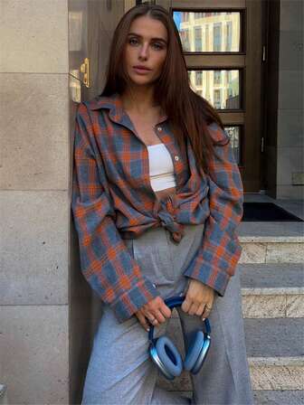 Cardigan arancione casual ed elegante, con bottoni, maniche lunghe, stile allentato a quadri, adatto per uscite, autunno e inverno, Ognissanti, Ringraziamento