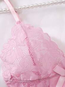 2 piezas Conjunto de ropa de dormir sexy para mujer de unicolor con encaje en contraste, vestido camiseta escotado en V y espalda descubierta, tanga, camisón cómodo