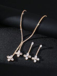 3pcs Sparkling Flower Cubic Zirconia Pendant Jewelry Set, Glamorous Party Evening Dress Accessories For Women