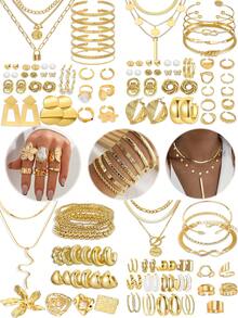 10-68 piezas Elegante Set de joyas vintage con mariposa, corazón, perla falsa, nudo retorcido, estrella, luna, rhinestone, banda ancha, cadena de serpiente, trenza, pendientes en forma de C geométrica, collares, anillos, pulseras, adecuado para vacaciones, fiestas, uso diario, regalos festivos - Multicolor - Ver 2