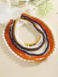 1 件波西米亚风格天然宝石和彩色手工串珠项链，欧美优雅多层锁骨链，适合大型聚会、派对、音乐节，时尚百搭