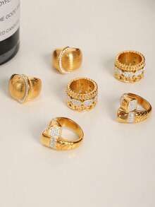 1pc Fashionable Exaggerated Stainless Steel Rhinestone Ring, Women's Stainless Steel Ring, Daily Accessory - Gold - View 7
