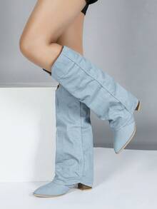Women's Light Blue Pleated Pointed Toe Chunky Heel Mid-Calf Boots, Fashionable And Versatile, Suitable For Socialite Outings - Blue - View 3