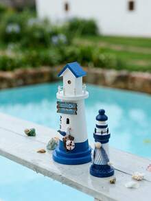 Cirelle 1PC13cm Marine Wooden Mini Lighthouse Mediterranean Wind Home Accessories Craft Gifts Marine Lighthouse Ornaments 5-Piece Lighthouse Birthday Graduation, Rama Table Decor, Garden Use, Housewarming Gift, High-End Cafe Supplies, B&B Decor, Summer Beach Vacation - Ocean Blue White - View 2