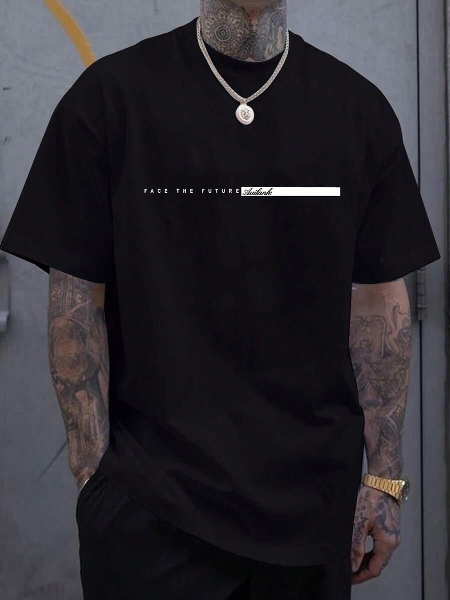 男士休闲字母条纹印花圆领短袖T恤 - 黑色 - 查看 1