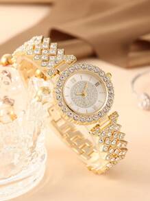 6pcs Set Rhinestone Gold Bangle & Quartz Watch Set, Chain Bracelet Watch For Women, Personalized Luxury Gift - Gold - View 2