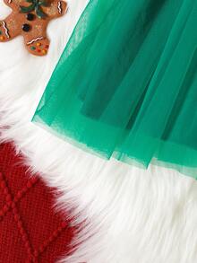 Vestido de bebé niña con volantes, estampado de muñeco de nieve y copos de nieve, patchwork de malla y cinturón para Navidad - Verde - Ver 6
