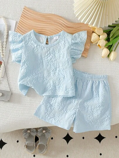Young Girls' Summer Fashion Short Set, Pleated Textured, Round Neck & Ruffle Sleeve & Back Keyhole Button Design, Casual & Minimalist Girls Outfit