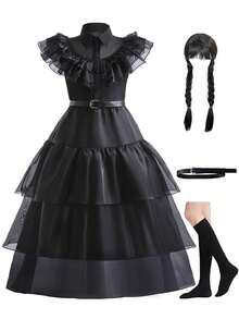 Girls Princess Black Dress Kids Dress Up Long Dress UP Children Fancy Carnival Halloween Costumes Cosplay Party Dress & Belt & Wig & Socks Outfit - Black - View 2