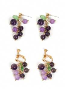 زوج من أقراط العنب الحجر الطبيعي البنفسجي بالطراز الكوري، أقراط حلوة على شكل فاكهة مناسبة للأذن غير المثقوبة