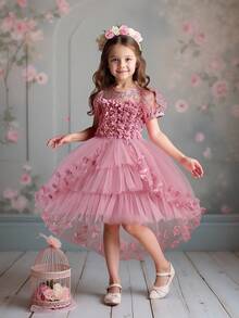 Young Girls Puffy Sleeve 3D Floral Multi-Layer Tulle Birthday Trailing Princess Dress, Suitable For Pageant Flower Girl, Excluding Headband - Dusty Pink - View 4
