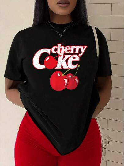 Plus Size - Women's Casual T-Shirt - Cherry Cola Pattern Print, Round Neck Short Sleeve, Stretch Fabric, Black With Red And White Design, Suitable For Casual Wear, Casual Clothing| Pattern T-Shirt| Comfortable Style