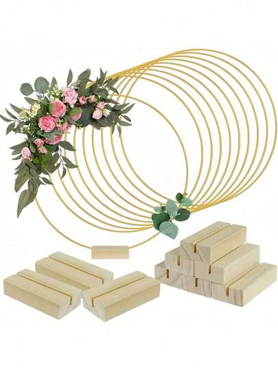 10 piezas Coronas de flores de metal dorado con soportes de madera - Decoración circular elegante DIY para bodas, fiestas y cumpleaños - Rosas y verdura artificiales, hechas a mano, sin electricidad requerida, decoraciones de cumpleaños | Decoración central | Artesanal, decoraciones de boda