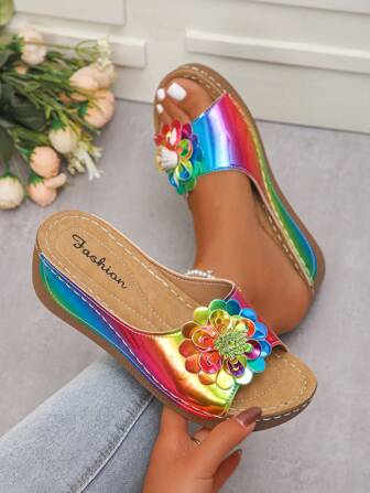 Women's Color Changing Slip-On Sandals, Suitable For Summer Outdoor, Wedding, Party, Daily, Beach, Fashion Floral Decor, Handmade Stitched Thick Sole, Lightweight, Stylish, Comfortable, Elegant Platform Wedge, Waterproof