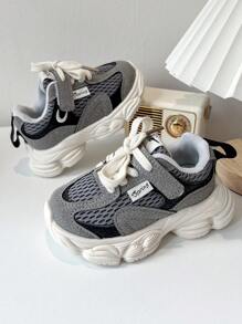1 Pair Back To School Casual & Fashionable Baby Sports Shoes, Mesh Fabric & Pig Suede Patchwork Upper, Soft, Lightweight & Comfortable, Lace-Up And Hook And Loop Closure, Suitable For Indoor, Outdoor, Play And Holiday Occasions