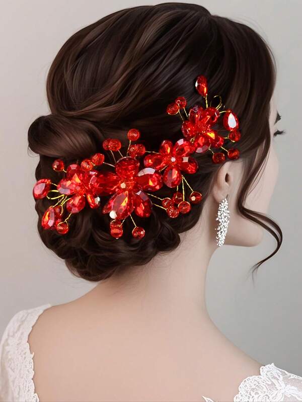 1pc Sparkling Crystal Bridal Headband, Handmade Red Flower Hair Accessory For Women, Suitable For Wedding, Party, Prom
