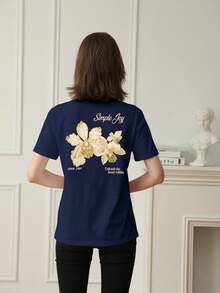 女士彩色字母花卉印花圆领T恤，时尚百搭，女士度假图案T恤 - 藏青 - 查看 2