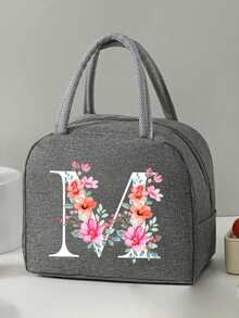 2 件 - 字母印花图案保温袋和餐具收纳袋、保温午餐袋 - 粉色花朵和白色字母图案、手提包、午餐盒、冰袋、野餐食品手提包、帆布轻便便携式午餐收纳袋