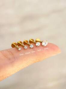 1piece 16G Tiny Gold Cubic Zirconia Threaded Labret, Hypoallergenic 925 Sterling Silver Earring, Cartilage Helix Piercing Fine Jewelry, Flat Back Earring,Cartilage Tragus Helix Stud, Nose Stud, Small Stud, For Women Man Girls Daily's Wear(Sold As 1 Piece) - Round Four-claw Zirconia Flat Earrings - View 4