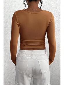 Women's 2025 Fall Long Sleeve Henley Shirts Button Ribbed Knit Casual Basic Tops Blouse - Màu Khaki - Xem 2