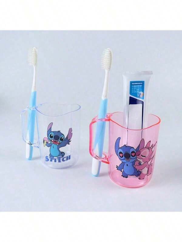 Disney 1pc Stitch & Lilo Toothbrush Cup - Cute Cartoon Design, Durable Anti-Fall Plastic Rinse Cup With Handle, Perfect For Travel, Birthday & Halloween Gifts, Party Supplies, Mixed Colors, Cup