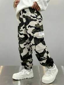 1 件装年轻男孩卷边工装裤，迷彩休闲工作服长裤 - 軍綠色 - 查看 5