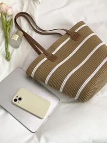 New Straw Tote Bag, Large Capacity Straw Bag, Fashion Versatile Commuter Shoulder Bag, Beach Bag, Travel Vacation Bag, Striped Woven Straw Tote Bag For Women - Light Khaki - View 8