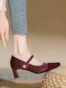 Women's New Convenient Hook And Loop Strap High Heel Shoes, Chunky Heel Non-Fatiguing Square Toe Fashion Spring/Autumn Versatile Mid-Heel Shoes, French Mary Jane Pumps, Black Color Enhances Professionalism - Burgundy - View 9