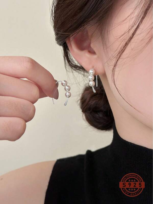 1 Pair S925 Sterling Silver Hook & Pearl Earrings, Minimalist & Elegant French Design, Suitable For Sensitive Ears, Daily Wear, Valentine's Day Gift, Comes With Delicate Gift Box