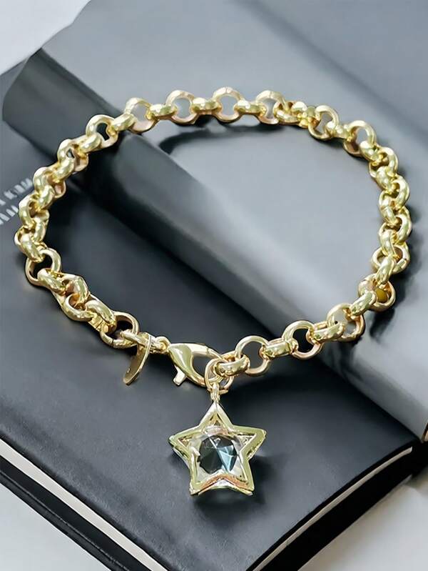 1pc Fashion Simple Pentagram Zirconia Crystal Bracelet, Versatile Party Gift Jewelry For Women; Women's Fashionable Necklace Jewelry Suitable For Daily Wear, Holidays, Gifts; Unisex Jewelry Necklace, Can Be Matched With Daily Outfits, Suitable For Beach, Date, Music Festival, Party