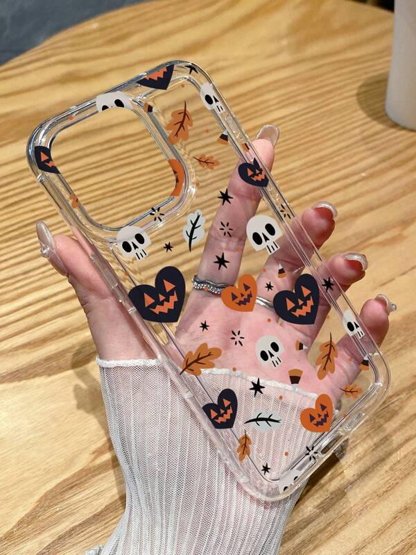 Halloween Themed Phone Case - Skull, Heart, Ghost Face Cute Cartoon Style Transparent Air Cushion Full Coverage Anti-Slip Soft Phone Case, Leaf, Star Pattern Phone Case. Compatible With IPhone Case & Galaxy Case, Phone Case, Compatible With IPhone 13, 15, 16 Pro Max, IPhone 16, IPhone 14, IPhone 16 Plus Case, Phone Case, Galaxy Phone Case