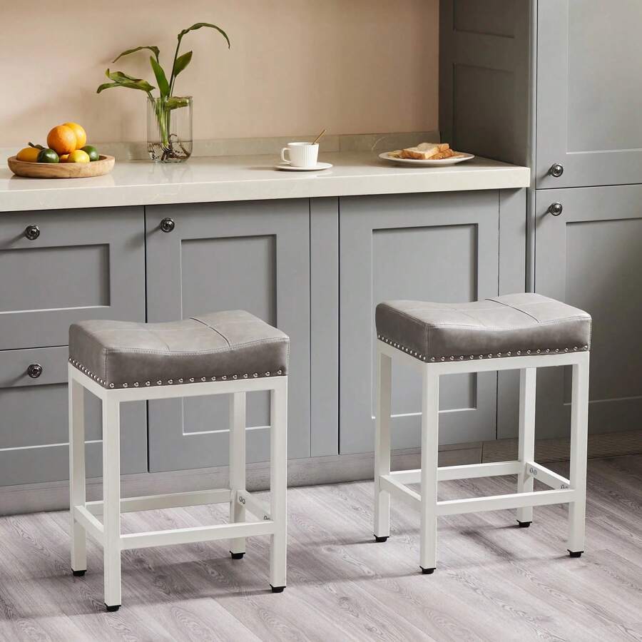 Edx Bar Stools Set Of 2, Modern Counter Height, 24 Inch Kitchen Barstools With Metal Base, PU Leather Saddle Seats For Kitchen Island, Gray - 棕色 - 查看 1