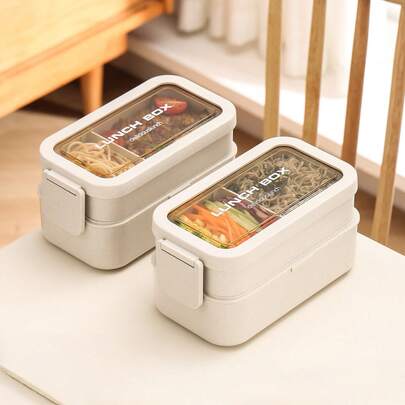 开学季便携式日式双层便当盒，学生食堂隔层午餐盒带餐具，可微波炉加热