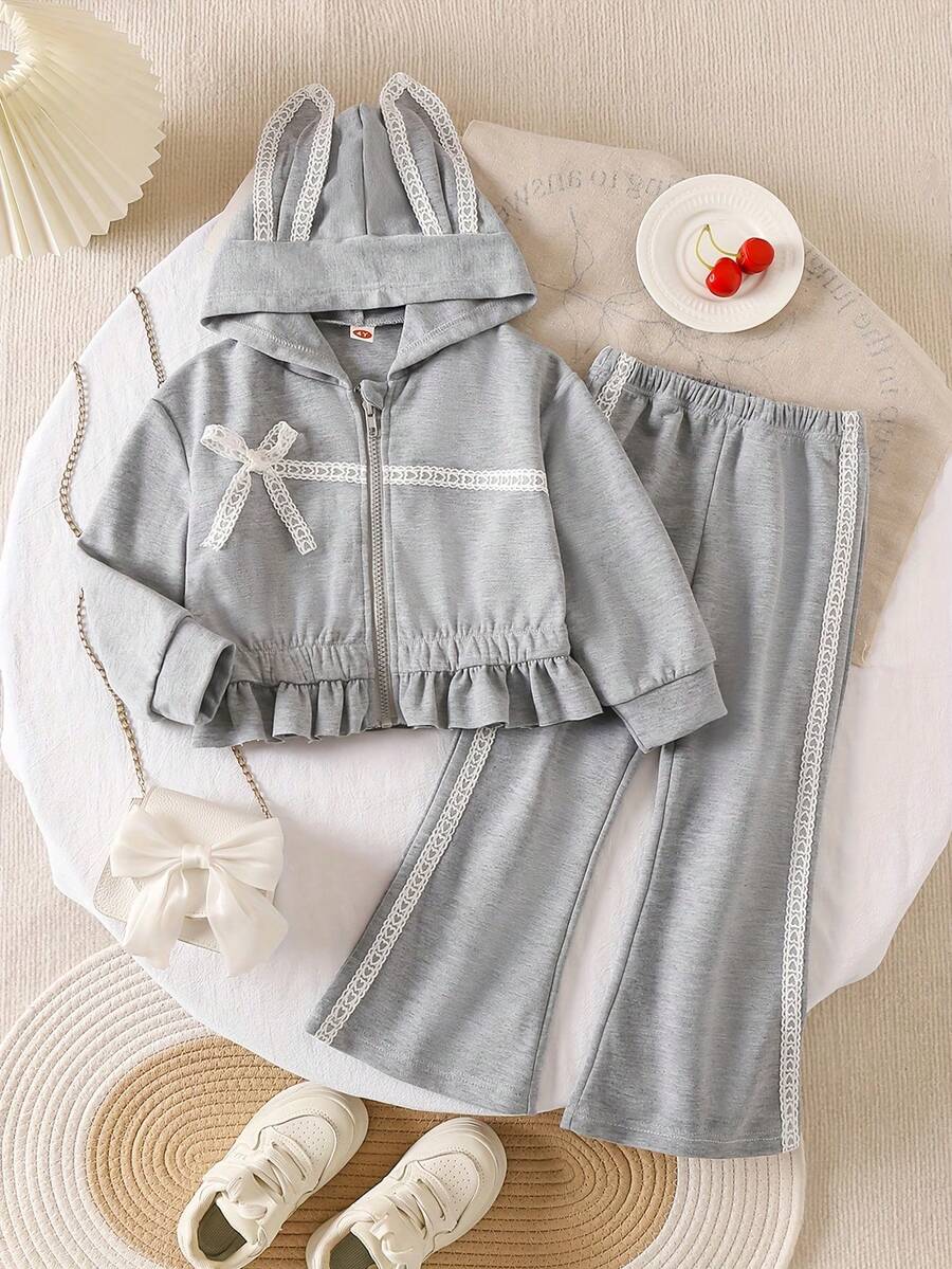 2件套女童韩版休闲荷叶边蝴蝶结兔耳朵拉链夹克和喇叭裤套装 - 灰色 - 查看 1