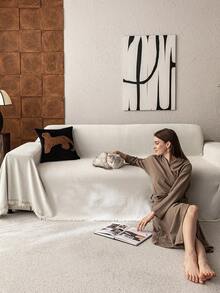 1 pieza Funda de sofá de chenilla beige con flecos, diseño resistente a arañazos para mascotas, lavable a máquina, antideslizante, adecuado para sala de estar, dormitorio, oficina, decoración del hogar, se ajusta a sofás de 1/2/3/4 plazas (disponible en varios tamaños), decoración de otoño - Beis - Ver 9