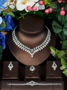 1 Set Vintage Cubic Zirconia Leaf Decor Green Gemstone Inlaid Jewelry Set, Suitable For Women Wedding Wear