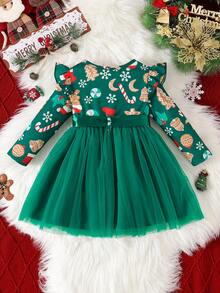 Vestido de bebé niña con volantes, estampado de muñeco de nieve y copos de nieve, patchwork de malla y cinturón para Navidad - Verde - Ver 2