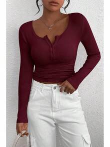Women's 2025 Fall Long Sleeve Henley Shirts Button Ribbed Knit Casual Basic Tops Blouse - 酒紅色 - 查看 7