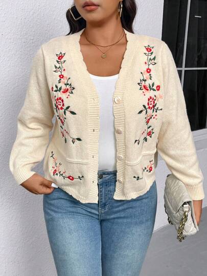 Cardigã Elegante de Manga Longa Feito à Mão com Bordado para Plus Size