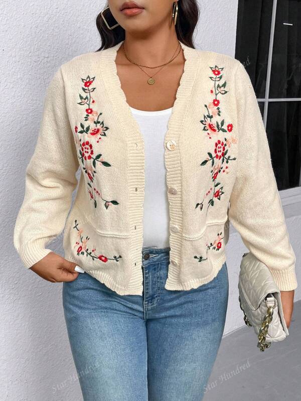Cardigan lungo con maniche lunghe in maglia elegante e ricamato a mano, taglie oversize